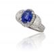 Oval Sapphire and Diamond Halo Three Stone Ring in 14k White Gold (3.12ct center)