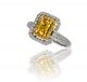 Emerald Cut Yellow Sapphire and Yellow Diamond Double Halo Ring in 18k White and Yellow Gold (0.58ct. Center)