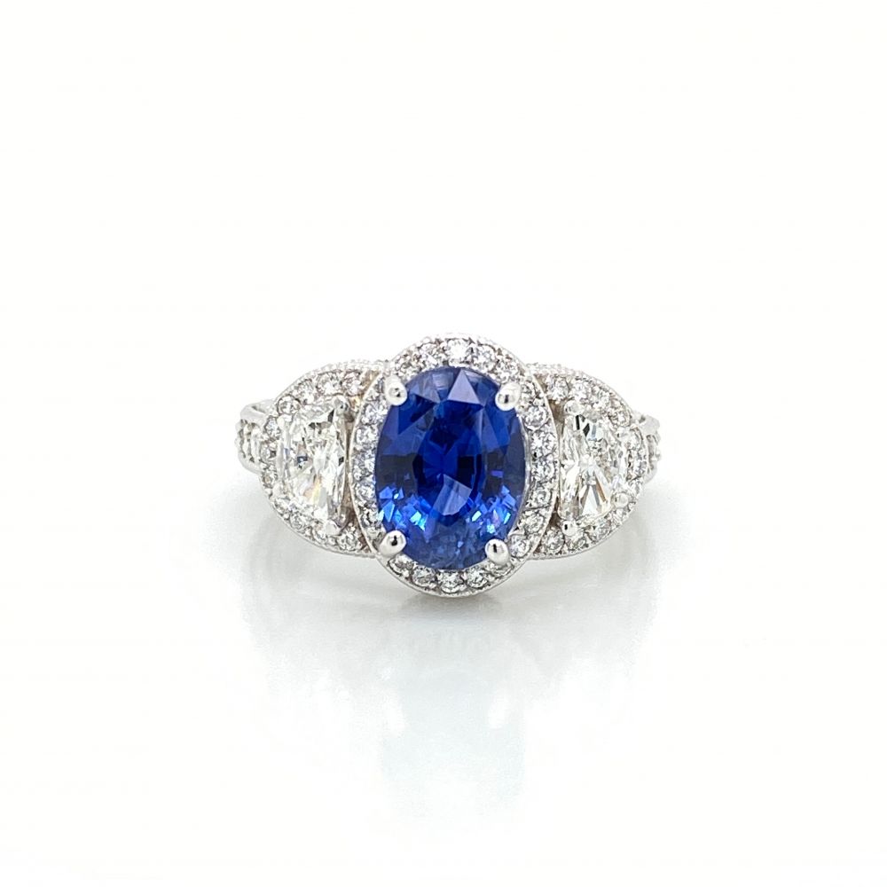 3-stone Sapphire Engagement Ring and Wedding Band with Engraving in 14k  white gold (GR-5837-WS)