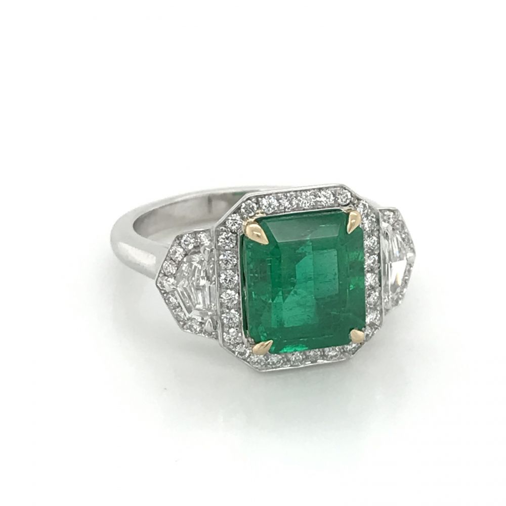 Emerald and Diamond Halo Three Stone Ring 2.82ct. Emerald GIA Certified