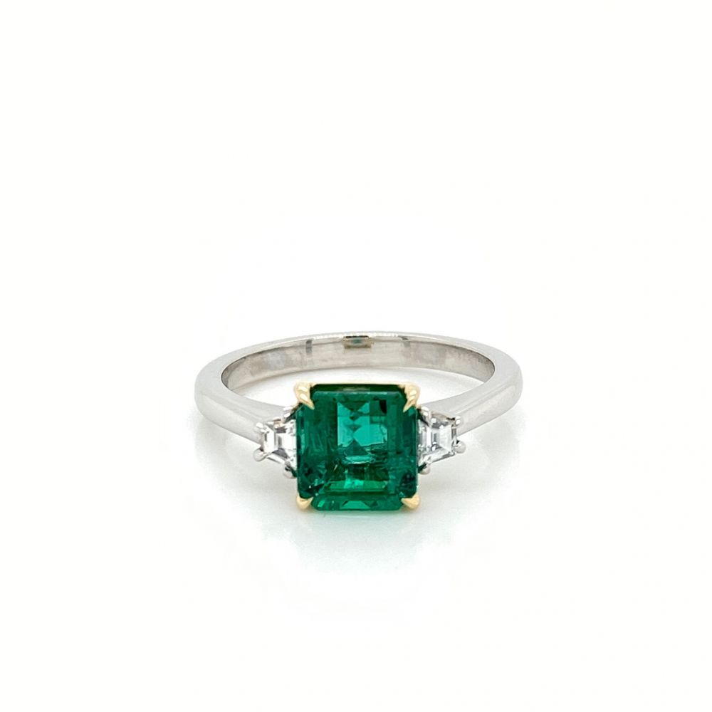 Emerald and Diamond Three Stone Ring in Platinum 18Kt. Yellow Gold 2.04ct. tw. GIA Certified