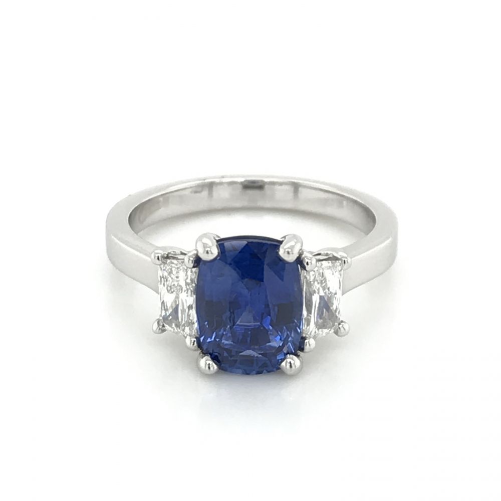 Cushion cut diamond online with sapphire side stones