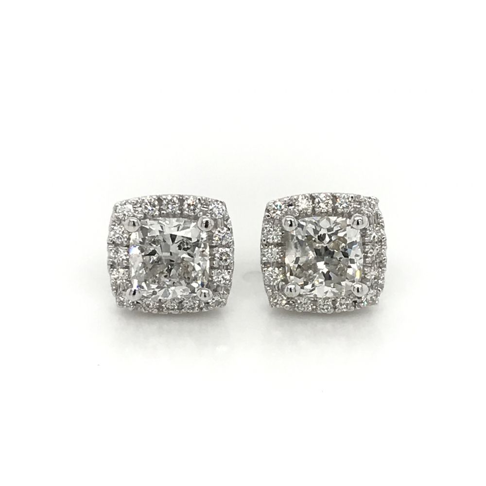 Cushion Cut Diamond Stud Halo Earrings in 14kt. White Gold 2.50ct. tw