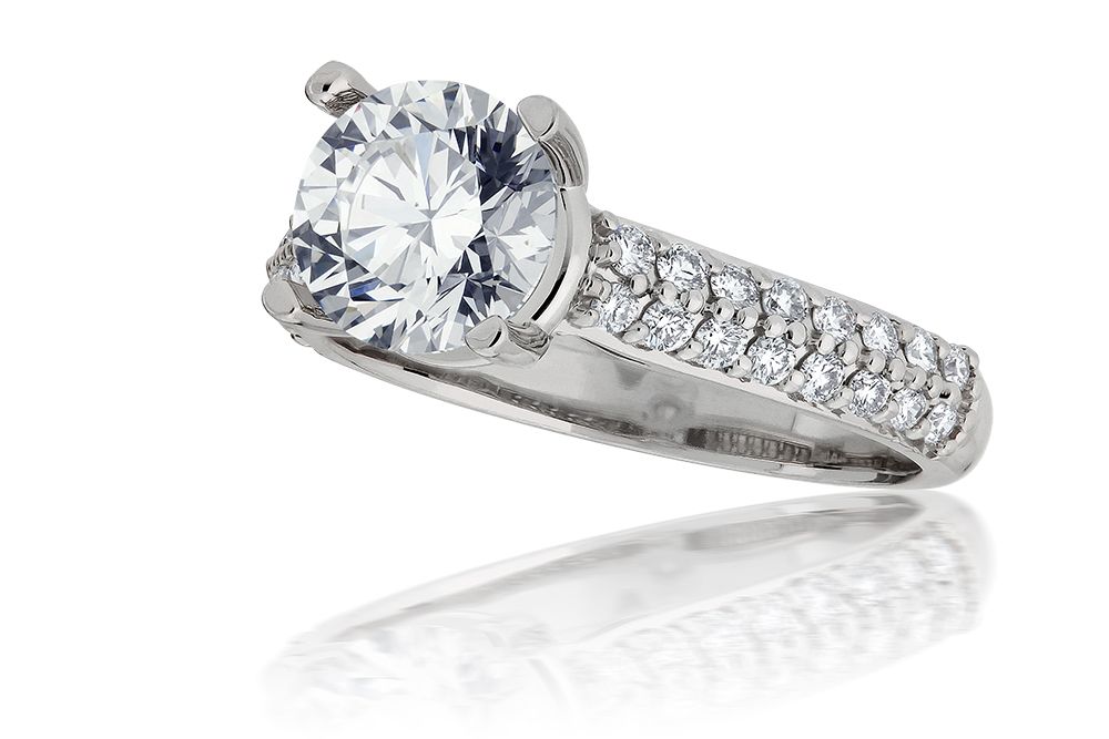 Round Solitaire Engagement Ring with Pave Diamonds in 14k White