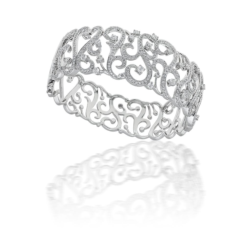 Micropave Set Diamond Scroll Bangle Bracelet in 18k White Gold