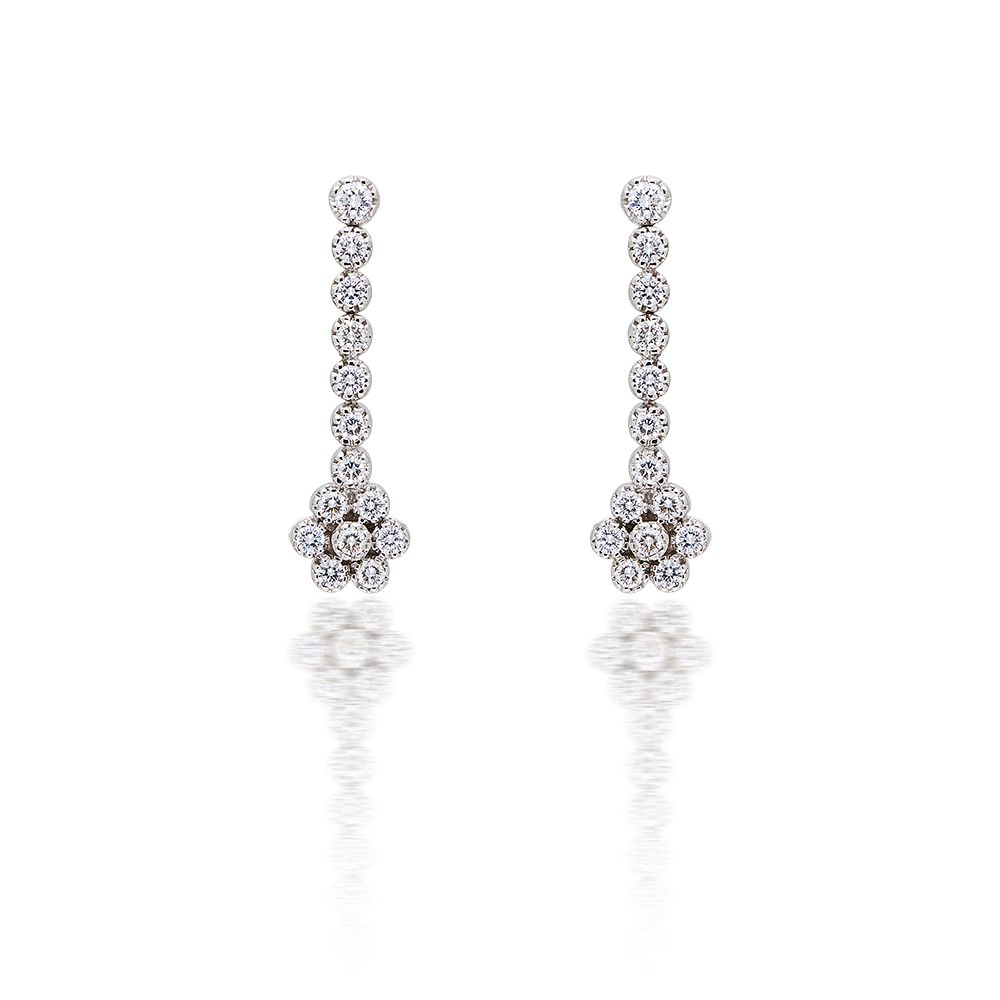 Diamond Flower Drop Earring in 18k White Gold