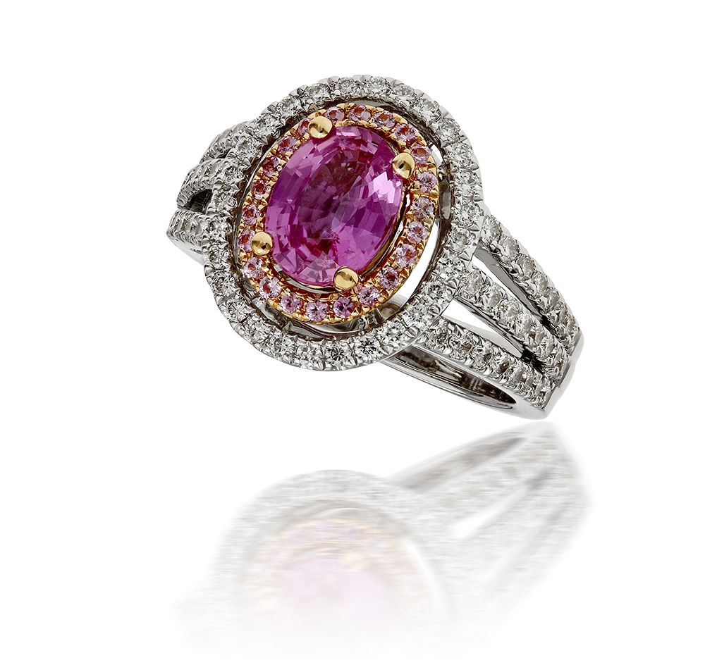 Oval Pink Sapphire and Double Halo Diamond Ring in 18k White and Rose Gold  center)