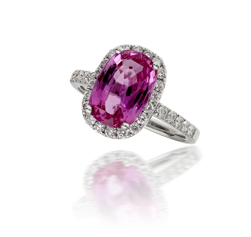 Cushion Cut Pink Sapphire and Diamond Halo Ring in 18k White Gold  Center)