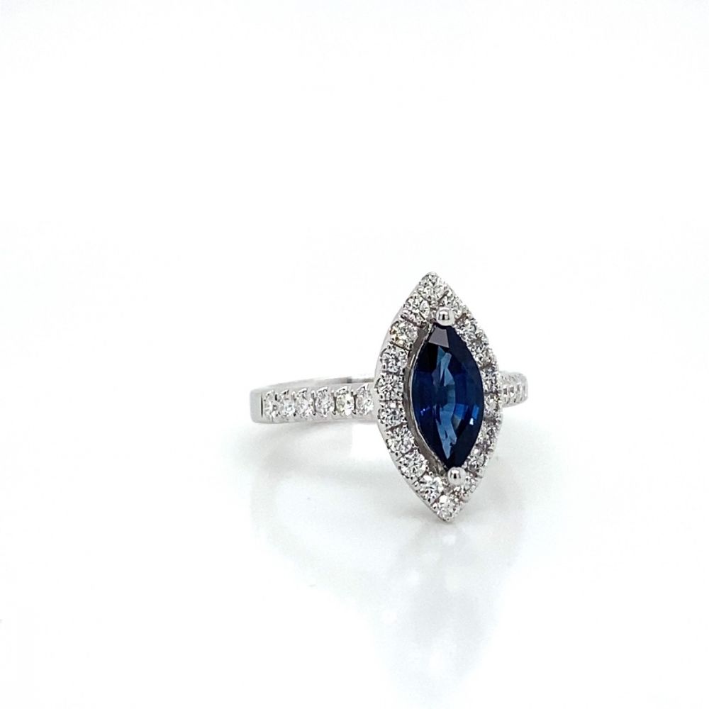 Marquise Sapphire and Diamond Halo Ring in 18kt. White gold 1.81ct. tw